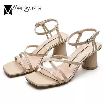 Сандалии с перекрещивающимися ремешками Женские туфли на высоком каблуке Туфли-лодочки 2024 Женские сандалии с вырезами Женские необычные босоножки на толстом каблуке 5 чёрный