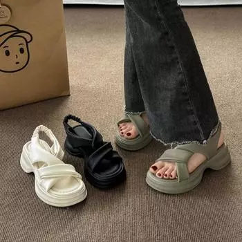 Сандалии с перекрестными ремешками. Летние слипоны с открытым носком. Пляжные универсальные сандалии на платформе для отдыха. 35 чёрный