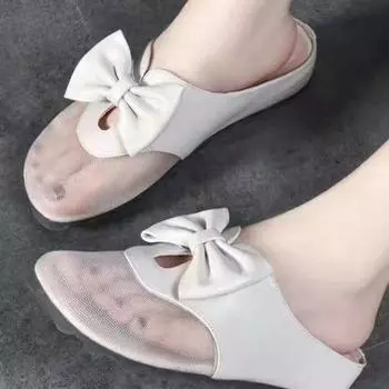 Сандалии с плоской подошвой из сетки, женская верхняя одежда, новинка 2025 года, сетчатые тапочки с низкой посадкой и бантом, женские летние модели 35 красный