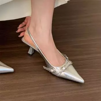 Сандалии с пряжками на каблуках Женские туфли с острым носком Туфли на тонком каблуке Мюли Сексуальные каблуки для платья 35