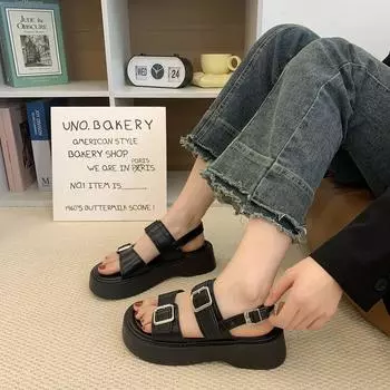 Сандалии с пряжкой на толстой подошве с одним словом, женские летние повседневные римские сандалии с пряжкой на ремне, модная женская летняя дышащая обувь 35