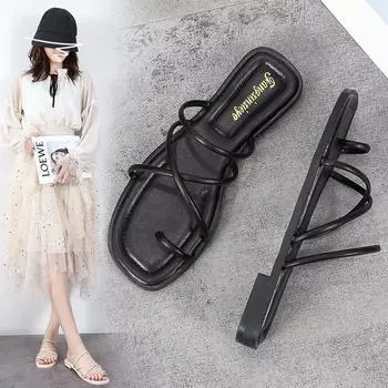 Сандалии с ремешками, женская верхняя одежда, плоские римские удобные пляжные сандалии, элегантная и удобная женская модная обувь 35 чёрный