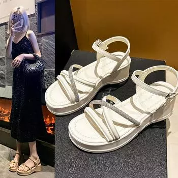 Сандалии с ремешком и толстой подошвой, женские модные сандалии в британском стиле на массивном каблуке с мягкой подошвой и стразами 40 бежевый