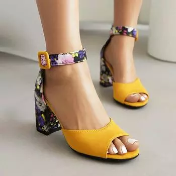Сандалии с рыбьим ртом, летние, подошва с принтом, толстый каблук, очень высокий каблук, односложная пряжка на ремне, женские одинарные туфли, импортные пляжные сандалии, большой размер 35 чёрный