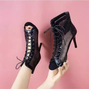 Сандалии с сетчатыми каблуками и пряжкой на ремне, женские летние бежевые ботильоны со шнуровкой, сексуальные ботинки с открытым носком, туфли на шпильках для джазовых танцев и вечеринок 40