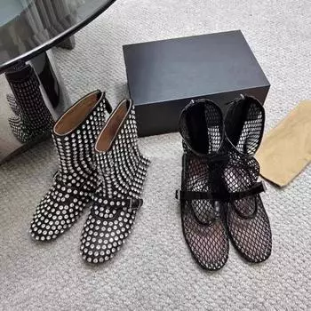 Сандалии с сетчатыми отверстиями, ботинки с круглым носком на плоской подошве с пряжками, летняя женская обувь, повседневная, на молнии сзади, однотонная, новый стиль, дизайнерская обувь 35