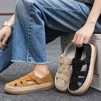 Сандалии с соломенной подошвой, ленивые туфли на одной ноге, повседневные пляжные сандалии для двоих 44 чёрный