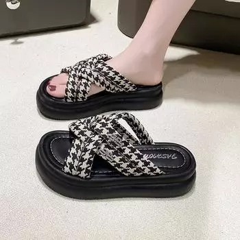 Сандалии с толстой подошвой, увеличивающие рост, тапочки, женская летняя одежда для улицы Tide Ride Muffin A Word, тапочки в клетку, женская мода, дышащая обувь 35