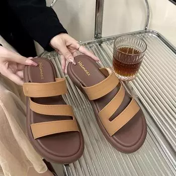 Сандалии с толстой подошвой, женские летние уличные тапочки, плоская подошва, одно слово, для беременных женщин, для отдыха 36 чёрный