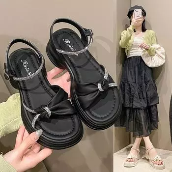 Сандалии с толстым дном и стразами, с тонким ремешком снаружи, фея с юбкой, пляжная обувь, женская модная летняя дышащая обувь 35