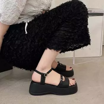 сандалии с толстым носком, вырезанные из одного слова, корейские черные туфли-маффины, летние новинки 2024 года, римские сандалии с открытым носком, женская обувь 35 чёрный