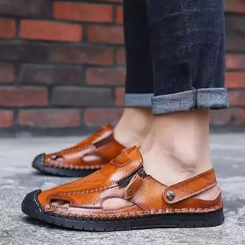 Сандалии с закрытым носком, мужские летние новые мужские пляжные туфли из натуральной кожи, уличная спортивная обувь для отдыха с мягкой подошвой 38 коричневый