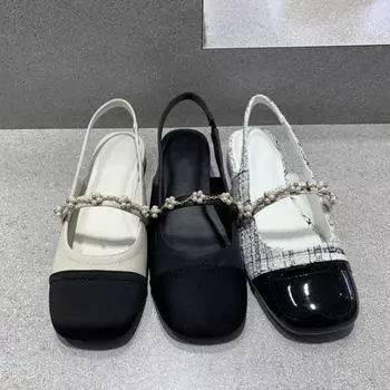 Сандалии с закрытым носком, женские летние туфли на массивном каблуке с полым квадратным носком и жемчугом в корейском стиле 35