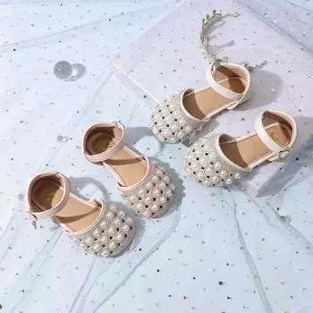 Сандалии с закрытыми носками для девочек, детские туфли принцессы с жемчугом, мягкая подошва, летняя мода, детские полусандалии со стразами, балетки 23 бежевый
