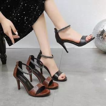 Сандалии с застежкой-молнией сзади и рыбьим ртом, женские, лето 2024, новые, на высоком каблуке, большие размеры, со стразами, босоножки на шпильке 35 чёрный