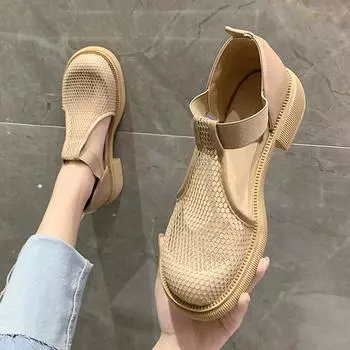 Сандалии с завернутым носком, женские летние туфли с проникающей воздушной сеткой на открытом воздухе, некрасивые милые уродливые туфли в римском стиле на толстом каблуке с большим носком 35 абрикосовый