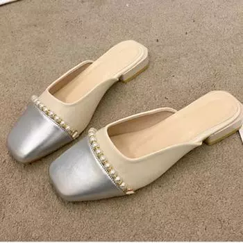 Сандалии с жемчугом 2024 года, летние туфли на толстом каблуке для женщин, верхняя одежда, цветные туфли с квадратной головкой и низким каблуком, туфли Fairy Lazy Muller 35 чёрный