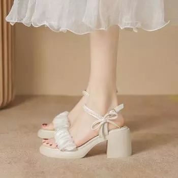 Сандалии с жемчугом, женская летняя обувь, сказочный стиль, элегантная модная повседневная обувь на толстом квадратном каблуке 34 абрикосовый