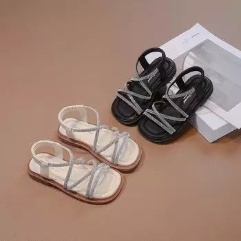 Сандалии со стразами для девочек, эластичная лента, детские туфли принцессы Мэри Джейн для вечеринки, свадьбы, летняя модная детская пляжная обувь 2024 23 чёрный