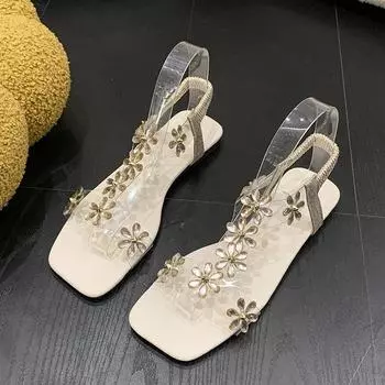 Сандалии со стразами, новые женские летние модные босоножки на каблуке-блоке со стразами, средний каблук, стиль феи, модные прозрачные высокие каблуки, большие размеры 35