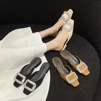 Сандалии Square Head Fairy со стразами и квадратной пряжкой, весна 2024, новые сексуальные ленивые тапочки, модные полутапочки Bao Head 35 коричневый