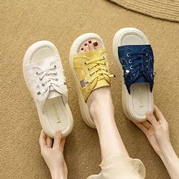 Сандалии тапочки женские летние римские пляжные тапочки женские One Word Drag толстая подошва повседневные парусиновые сандалии Drag модные женские летние дышащие туфли 35