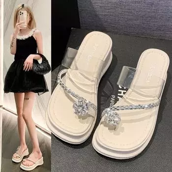 Сандалии Тапочки Женские Летние Уличные Наряды Fairy Senior Sense Стразы Модные Тапочки С Кисточкой Толстая Подошва Модные Женские Дышащие Туфли 35