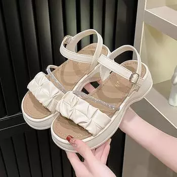 Сандалии в римском стиле женские летние феи плиссированные стразы с юбкой не уставшие ноги толстая подошва пляжная обувь модные женские летние дышащие туфли 35