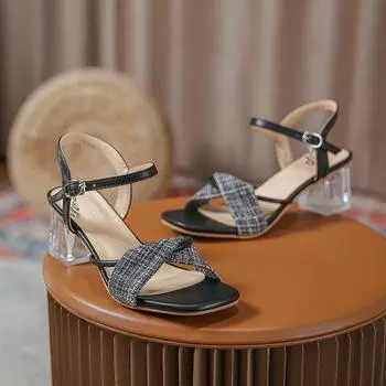 Сандалии в сказочном стиле, новая летняя модная женская обувь на высоком каблуке с квадратным носком и пряжкой на толстом каблуке 35
