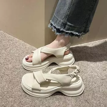 Сандалии в стиле феи, летние новые пляжные туфли на небольшой платформе, с юбкой, римские туфли 35 чёрный