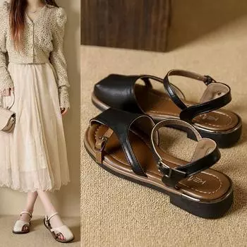 Сандалии в стиле феи с пряжкой в стиле ретро, женские, лето 2025, новая корейская версия, на плоской подошве, с мягкой подошвой, удобные римские туфли 35 чёрный