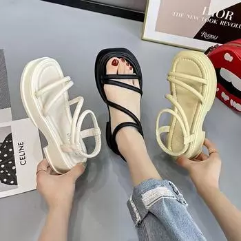 Сандалии в стиле феи, женская летняя юбка 2025, новая бисквитная пляжная спортивная платформа с одним словом, пряжка, ремешок, римские туфли 35