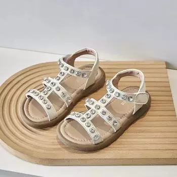 Сандалии в стиле ретро для девочек 2024 года, абсолютно новые корейские удобные с мягкой подошвой, детская модная пляжная обувь со стразами, детские летние туфли на плоской подошве 27 коричневый