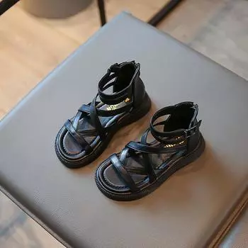 Сандалии в стиле ретро для девочек, летние, с мягкой подошвой, нескользящие, туфли принцессы, модная пляжная обувь 26 чёрный