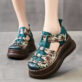 Сандалии в стиле ретро, новинка 2024 года, летние новые туфли на липучке с круглым носком из натуральной кожи, удобная женская обувь на платформе с толстой подошвой высотой 6 см 35 чёрный