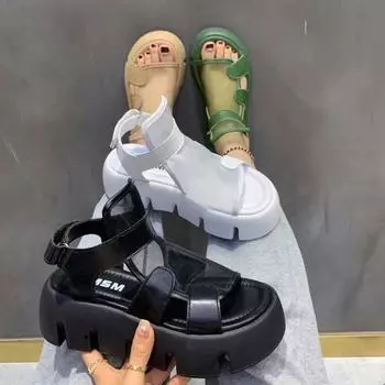 Сандалии в виде бисквитного торта, женские летние модные дышащие европейские сандалии из сетчатой ткани с липучкой на толстой подошве в римском стиле 40 белый