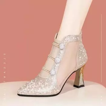 Сандалии Water Diamond HollowToe для женщин на высоком каблукеЖенщины в ботинках с острым носком и дышащей сеткой на толстом каблуке женские сандалии 34