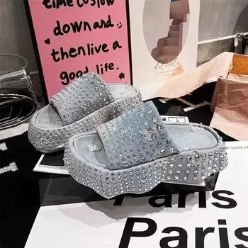 Сандалии высшего качества женские тапочки 2024 блестящие женские сандалии со стразами на платформе модные блестящие женские повседневные туфли с кристаллами 35