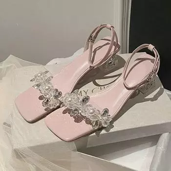 Сандалии Xia Chaohuo, модные, со стразами, с серебристым толстым каблуком, квадратной головкой, кристаллами, на среднем каблуке, женские туфли 35 серебряный