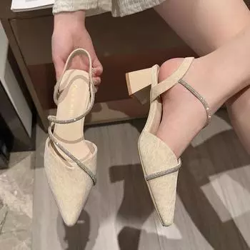 Сандалии, женская обувь, летние туфли с острым носком, туфли на одинарной платформе, темпераментный толстый каблук с юбкой, высокие каблуки 34 чёрный