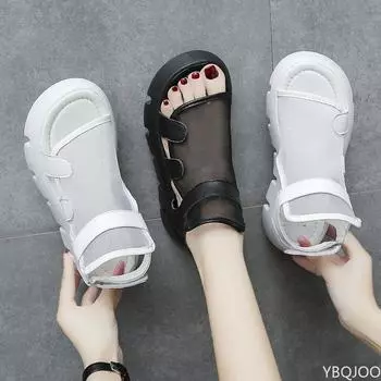 Сандалии женские 2024 лето новые модные с толстой подошвой дышащие Eugene пряжа сетка волшебная паста римские сандалии 35 чёрный