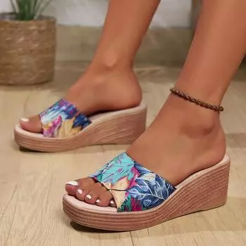 Сандалии женские 2024 лето новые толстодонные танкетки удобные большие принтованные женские классные тапочки женская мода 36 серый