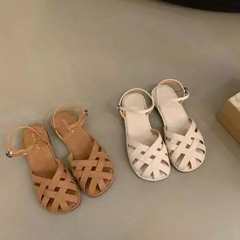 Сандалии женские 2024 новые летние модные французские мягкие кожаные плетеные плоские повседневные ретро-туфли Baotou Casual Sandalias De Mujer 35 бежевый