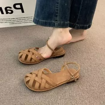 Сандалии женские 2024 новые летние модные французские мягкие кожаные плетеные плоские повседневные ретро-туфли Baotou Casual Sandalias De Mujer 35 бежевый