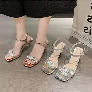 Сандалии женские 2024 новые летние тонкие высокие каблуки со стразами ремешок на щиколотке женские туфли Sandalen серебристые модные сандалии 35 золотой