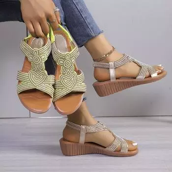 Сандалии женские 2024 новые летние женские босоножки со стразами на нескользящей подошве женские туфли на танкетке большие размеры босоножки с рыбьим ртом 35 шампанского