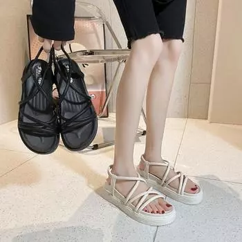 Сандалии женские 2024Гладиаторские босоножки на плоской подошве Летняя обувь Ремешок на щиколотке Платформа Повседневные сандалии Mujer Chaussure Femme Zapatos 35 бежевый