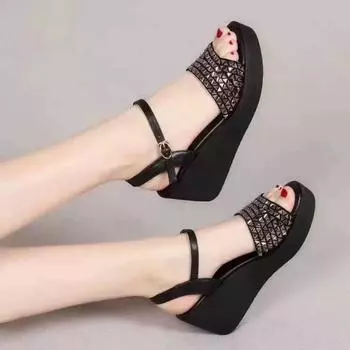 Сандалии женские 2025 новые летние танкетки на каблуках с высокой подошвой, модные туфли-маффины на платформе 35 чёрный