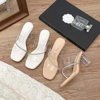 Сандалии женские 2025 новые летние тапочки верхняя одежда прозрачный пояс открытый носок темперамент кристалл толстый каблук прозрачные высокие каблуки 34