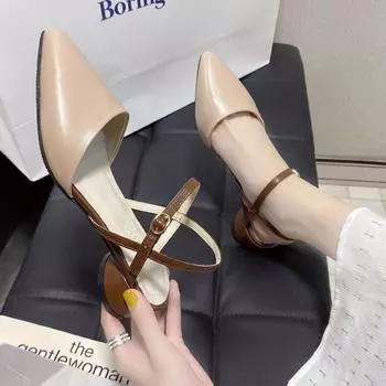 Сандалии женские 2025 новые весенние и летние новые европейские и американские остроносые туфли с заостренным носком на среднем каблуке и толстом каблуке 35